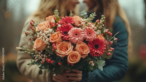 couple exchanging bouquet of flowers symbolizing romance and affection main objects couple flowers bouquet.illustration