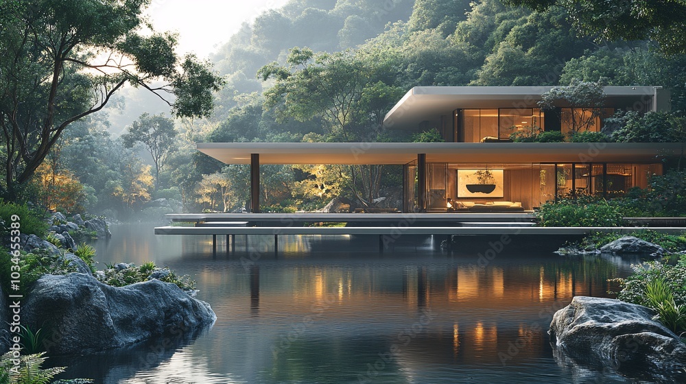 Fototapeta premium Modern Sleek House Overlooking Tranquil Water