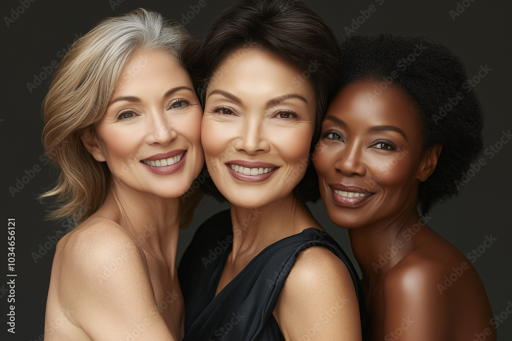 three women of different ages and ethnicities, all with radiant, glowing skin. three women of different ages and ethnicities, all with radiant, glowing skin.