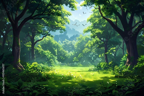 A lush green forest filled with lots of trees photo