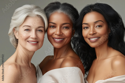 three women of different ages and ethnicities, all with radiant, glowing skin.