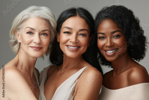 three women of different ages and ethnicities, all with radiant, glowing skin.