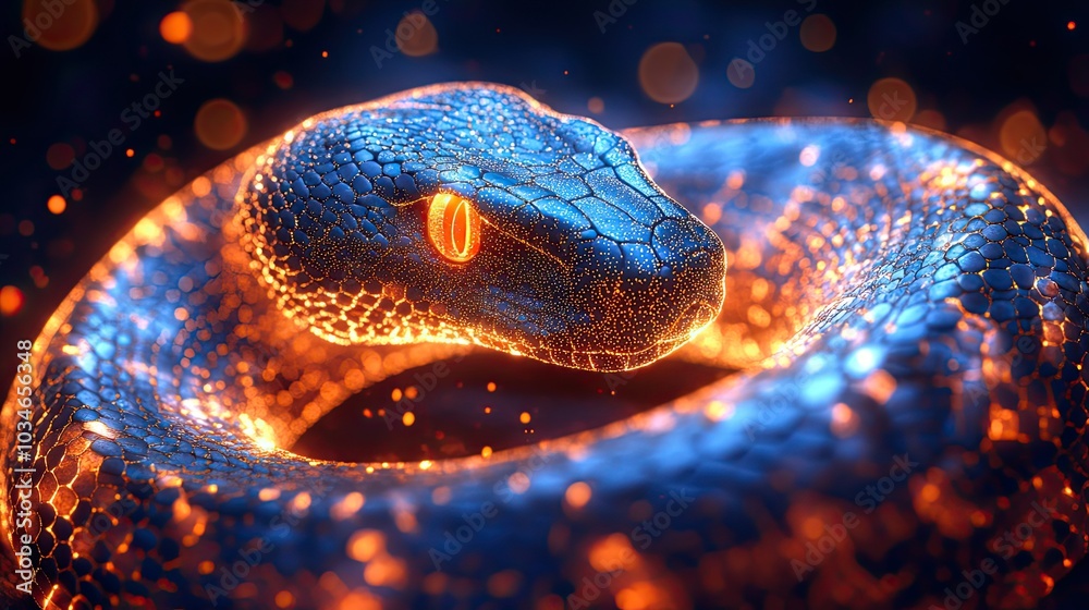 Fototapeta premium digital glowing snake symbolizing the python programming language representing code algorithms and dat structures.illustration