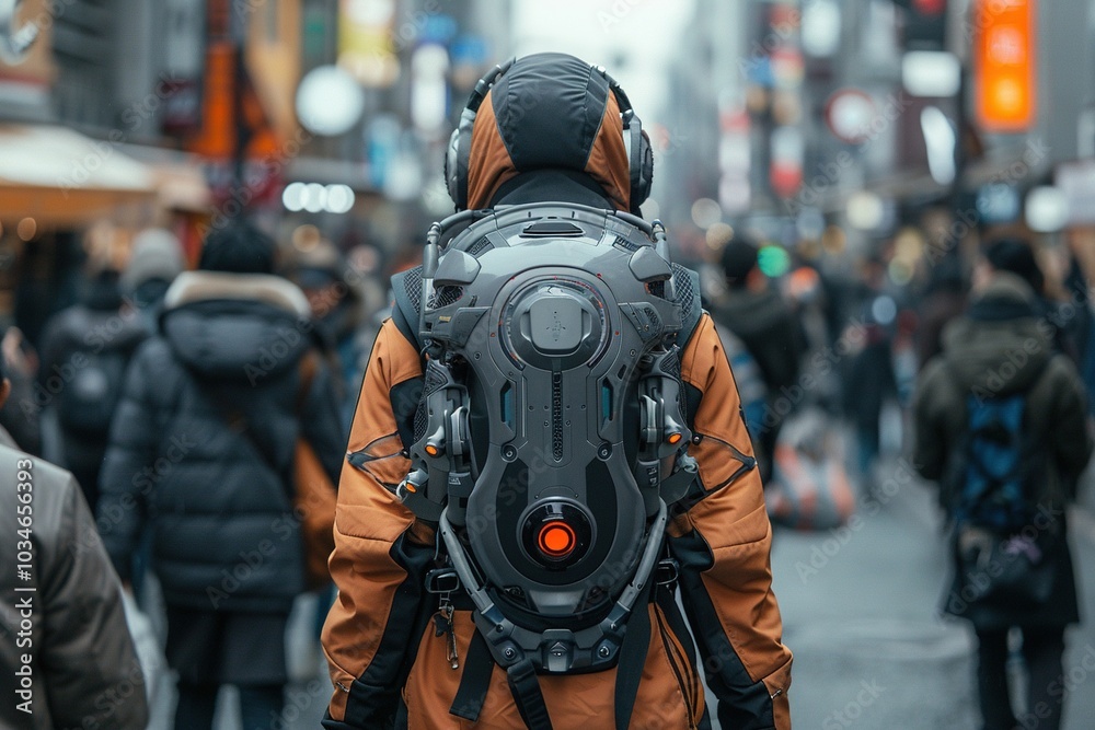 A person in an urban setting wearing a futuristic backpack and headphones. A person in an urban setting wearing a futuristic backpack and headphones.