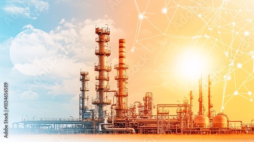 A modern industrial complex with smokestacks and pipelines, illuminated by a bright sun against a blue and orange sky.