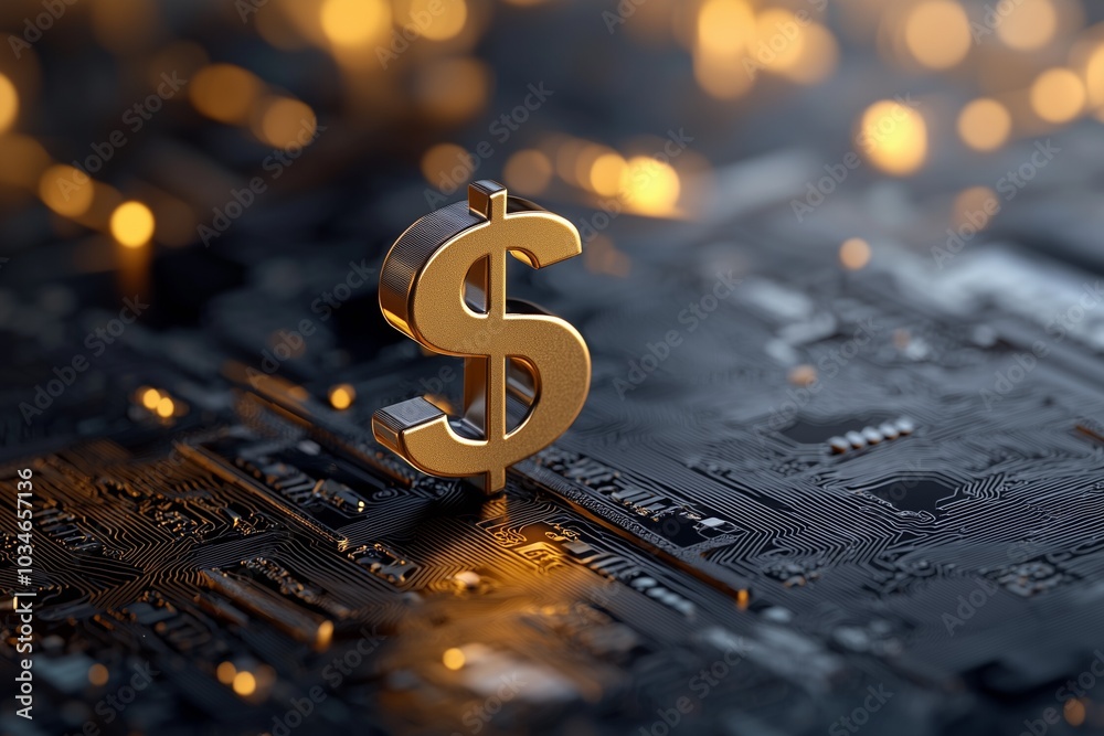 A golden dollar sign stands on a dark, circuit-like background illuminated by soft, glowing lights, symbolizing finance and technology. A golden dollar sign stands on a dark, circuit-like background illuminated by soft, glowing lights, symbolizing finance and technology.
