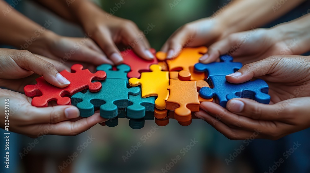 diverse group of people collaboratively holding and connecting colorful puzzle pieces symbolizing teamwork unity and collaboration in multicultural setting.image diverse group of people collaboratively holding and connecting colorful puzzle pieces symbolizing teamwork unity and collaboration in multicultural setting.image