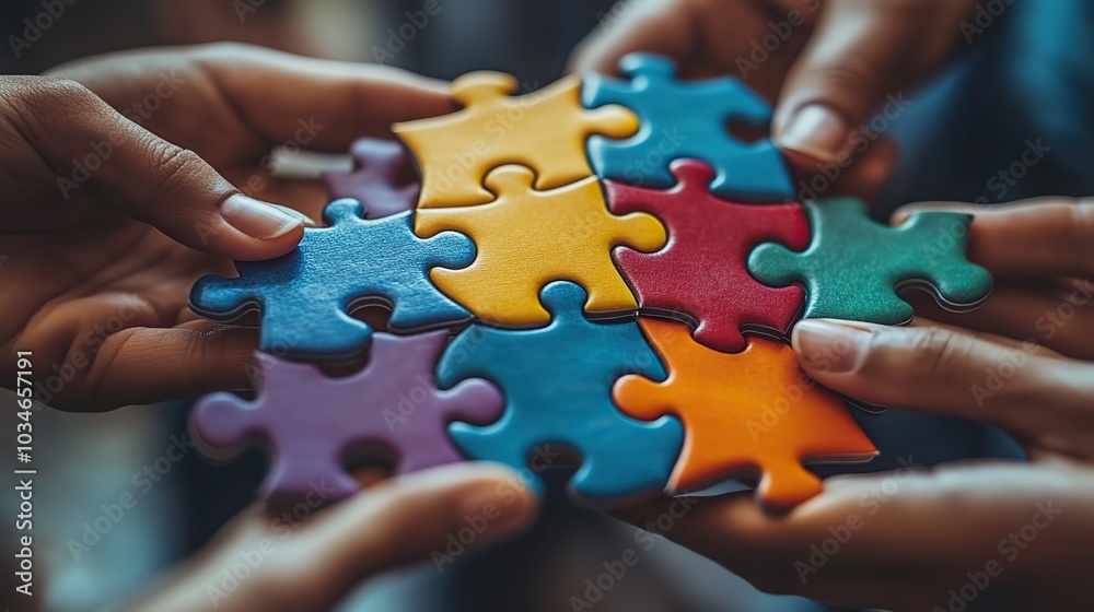 diverse group of people collaboratively holding and connecting colorful puzzle pieces symbolizing teamwork unity and collaboration in multicultural setting.illustration diverse group of people collaboratively holding and connecting colorful puzzle pieces symbolizing teamwork unity and collaboration in multicultural setting.illustration