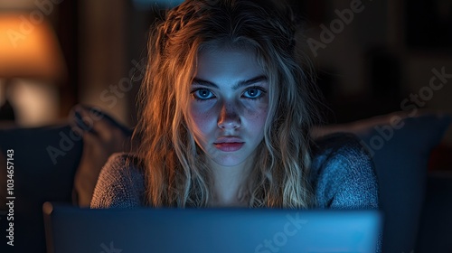 distressed teenage girl sits in front of her computer visibly upset as she reads hurtful and bullying messages on her laptop screen reflecting the growing issue of cyberbullying among youth photo