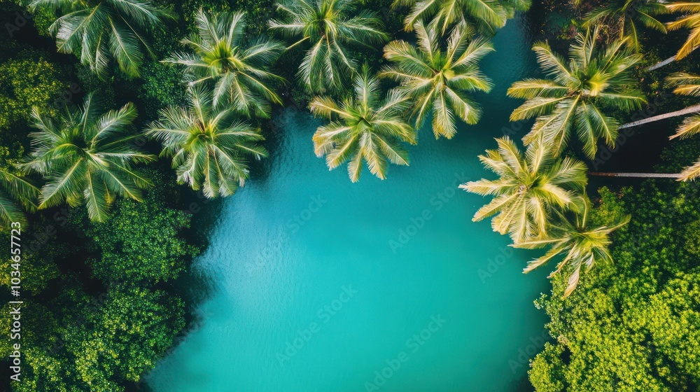Obraz premium Aerial view of a tranquil turquoise lagoon surrounded by lush palm trees and greenery.