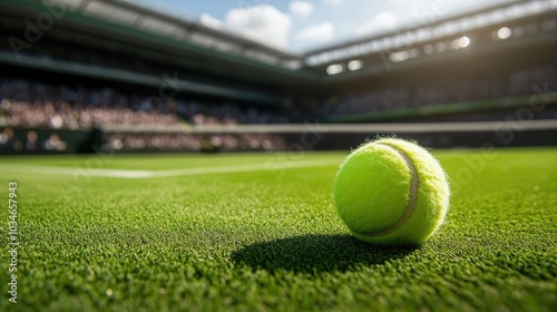 low angle view of a tennis ball on a grass tennis court with stadium in the background