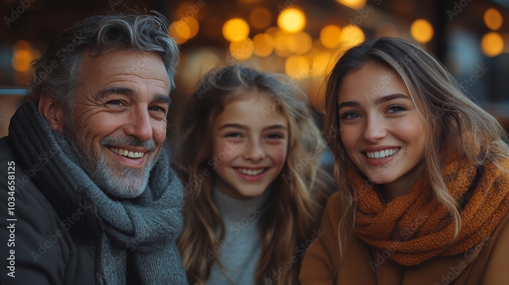 Three family members smile brightly together in a relaxed moment outdoors, surrounded by twinkling lights and a warm atmosphere during the evening. Three family members smile brightly together in a relaxed moment outdoors, surrounded by twinkling lights and a warm atmosphere during the evening.