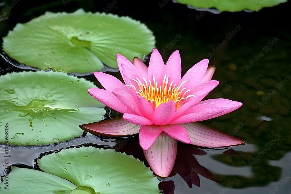 Pink Water Lily Flower Blooming in Pond with Green Pads Pink Water Lily Flower Blooming in Pond with Green Pads