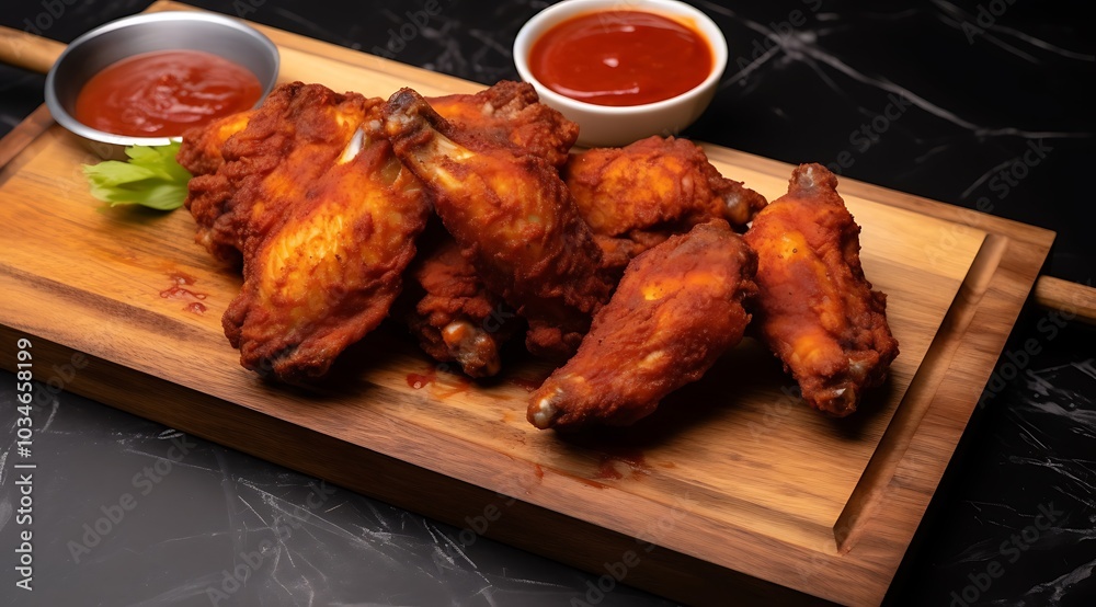 Fototapeta premium Crispy Chicken Tenders on Wooden Board with Dips