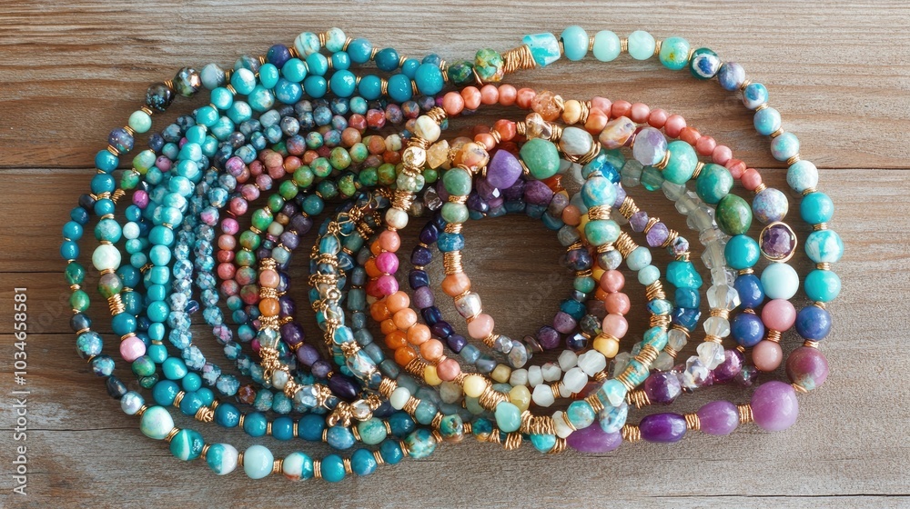 Colorful Beaded Necklaces on Wooden Table