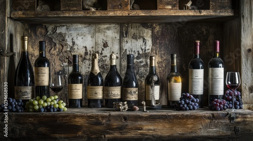 Selection of Fine Wines on Rustic Wooden Shelf