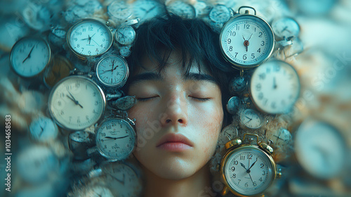 Young Asian boy surrounded by vintage clocks symbolizing the passage of time photo