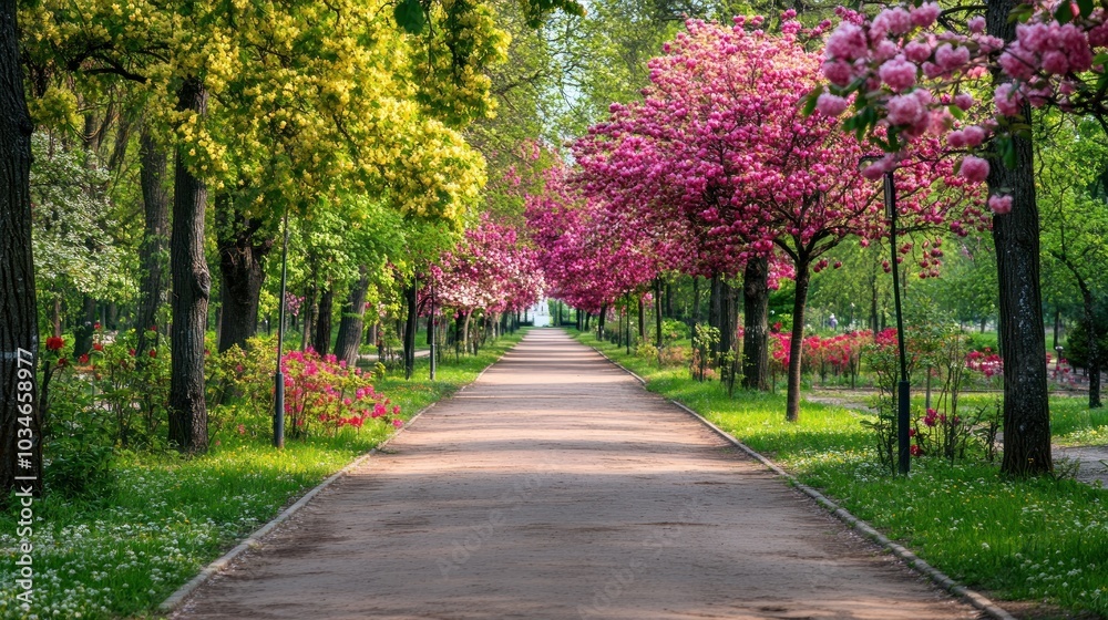 A serene pathway lined with vibrant trees and flowers, inviting leisurely strolls. A serene pathway lined with vibrant trees and flowers, inviting leisurely strolls.