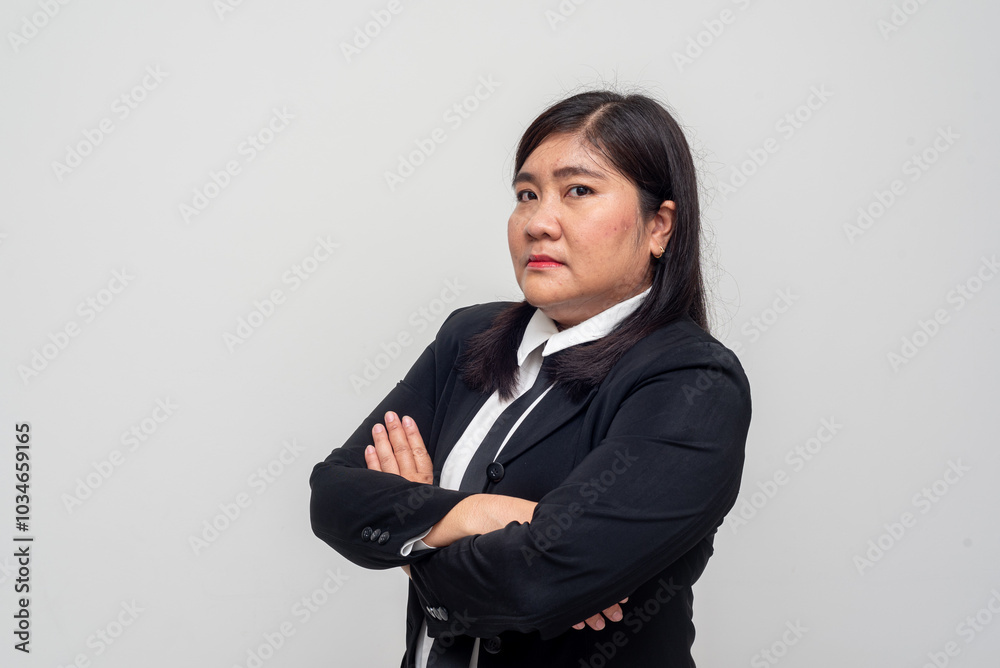 With her arms firmly crossed, the woman adopts a serious and determined look. Her expression and stance convey confidence and professionalism. With her arms firmly crossed, the woman adopts a serious and determined look. Her expression and stance convey confidence and professionalism.