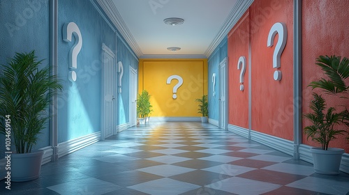 hallway with multiple doors each marked with question mark symbolizing lifes choices and endless possibilities the image evokes curiosity and the uncertainty of decision making