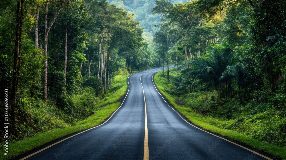 A winding road through lush greenery in a serene forest landscape. A winding road through lush greenery in a serene forest landscape.