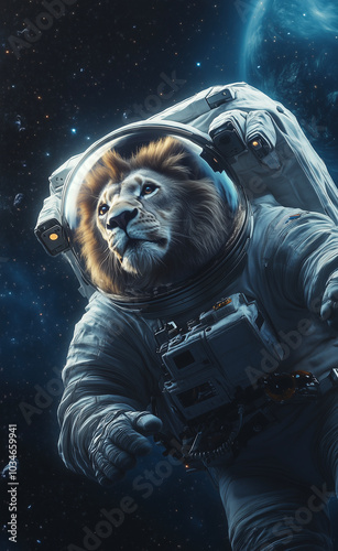 Male lion in outer space wearing a space suit generated by AI