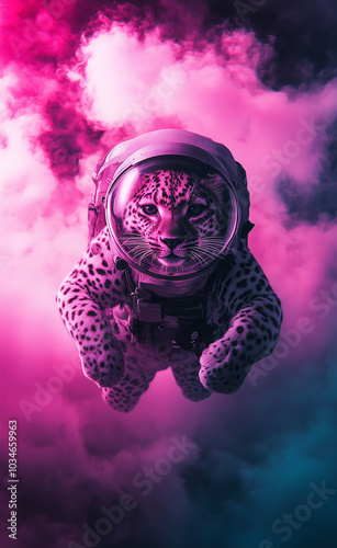 Leopard in outer space wearing a space suit generated by AI

