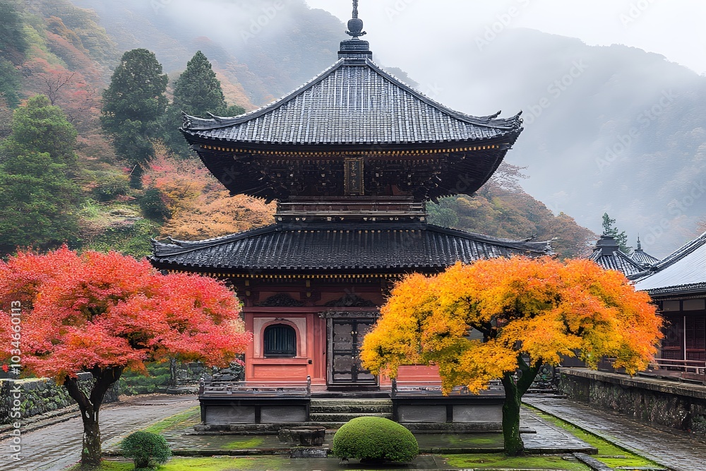 Fototapeta premium Japanese Pagoda in Autumn with Red and Yellow Maple Trees
