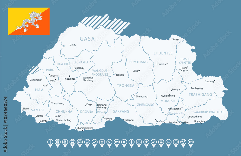 Fototapeta premium Bhutan - detailed country map with cities and regions. Infographic icons. Vector illustration.