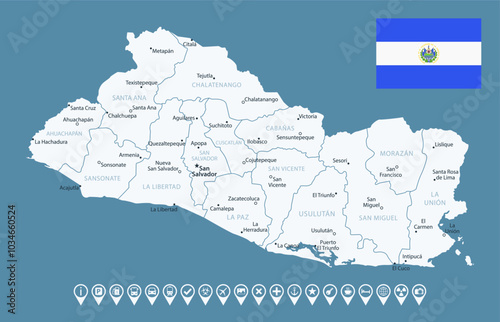 El Salvador - detailed country map with cities and regions. Infographic icons. Vector illustration.
