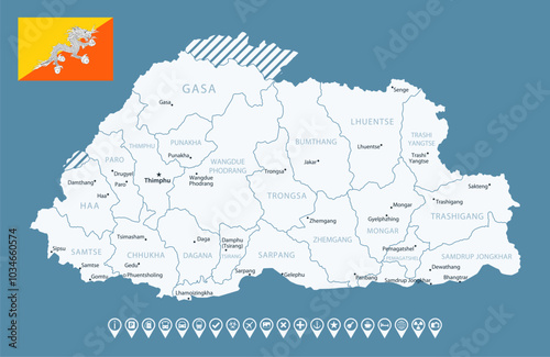 Bhutan - detailed country map with cities and regions. Infographic icons. Vector illustration.