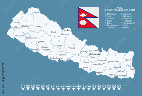 Nepal - detailed country map with cities and regions. Infographic icons. Vector illustration.