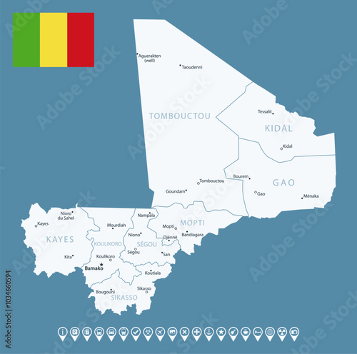 Mali - detailed country map with cities and regions. Infographic icons. Vector illustration.