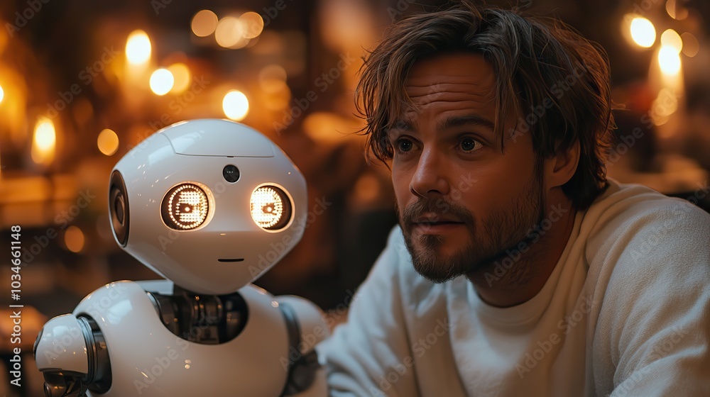man and robot share moment of connection in cozy warmly lit setting symbolizing human robot affection man and robot share moment of connection in cozy warmly lit setting symbolizing human robot affection