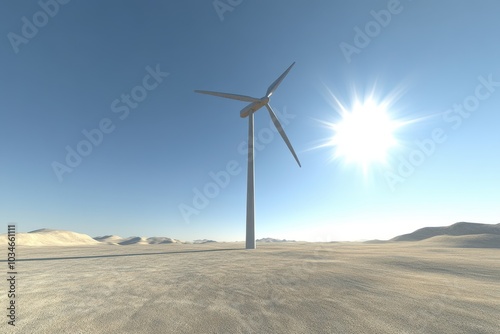 A lone wind turbine stands tall in the vast expanse of a desert, its blades casting long shadows on the barren landscape. photo