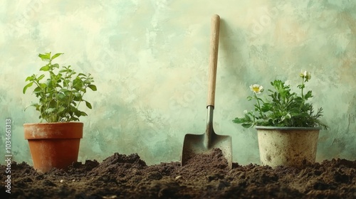 Gardening tools and potted plants on rich soil backdrop