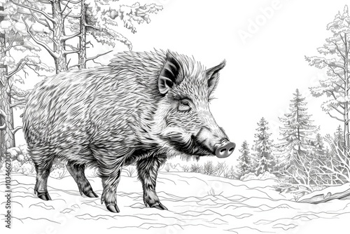 Wallpaper Mural Coloring book illustration of a wild boar near a forest during winter Torontodigital.ca