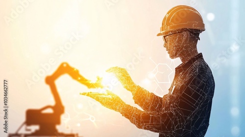 A worker in a hard hat interacts with a robotic arm, symbolizing innovation and technology in the industrial sector.