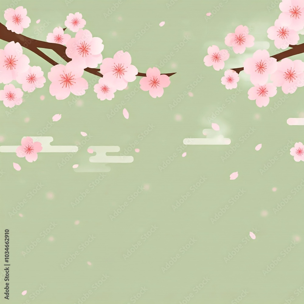Obraz premium Blooming cherry blossoms and cherry branches on a light green background.