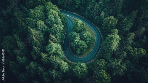 Aerial perspective of a road winding through a lush forest