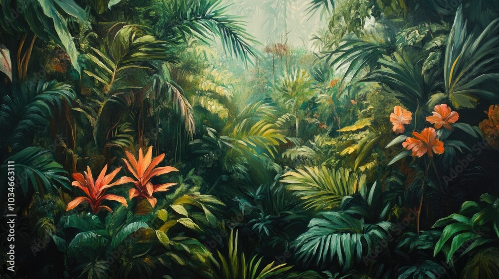 Fototapeta premium Oil painting depicting lush tropical jungles rich in greenery and vibrant flora