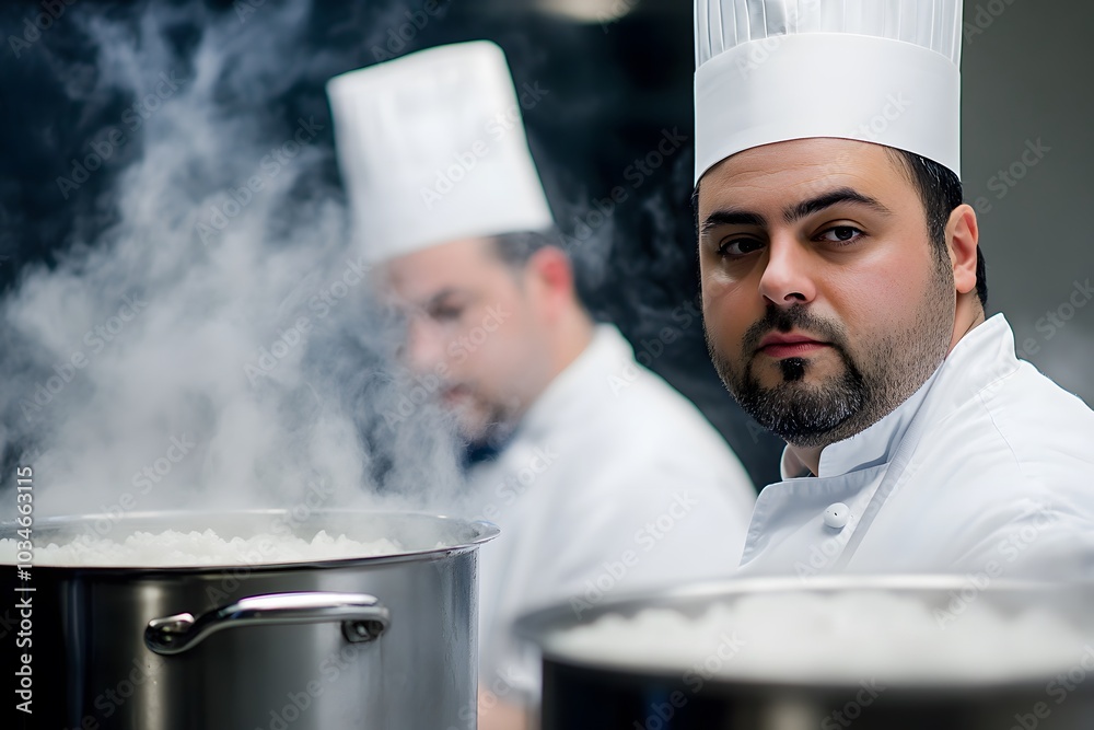 Chef in White Uniform Looking at Camera with Pot of Boiling Water and Steam Chef in White Uniform Looking at Camera with Pot of Boiling Water and Steam