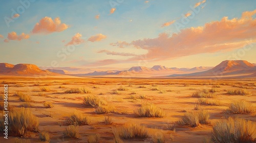 Fototapeta Naklejka Na Ścianę i Meble -  Oil painting depicting a sandy desert landscape at sunset featuring warm hues and vast open spaces