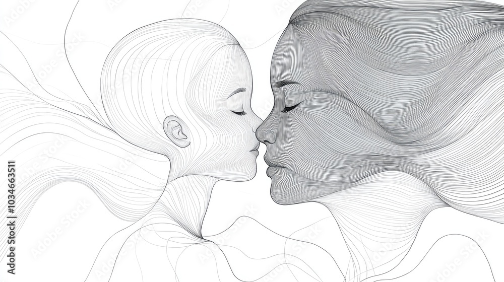 Line art illustration featuring a mother and child in a continuous abstract drawing style Line art illustration featuring a mother and child in a continuous abstract drawing style