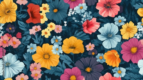 Seamless background featuring multicolored flowers Textured design element Illustration