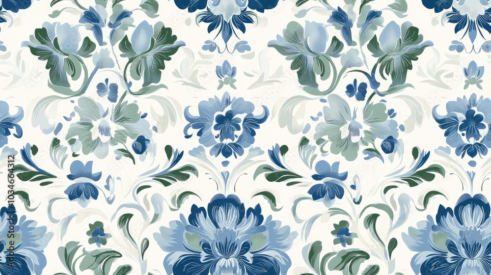 Fototapeta premium Seamless Damask floral background pattern in neutral blue and green tones