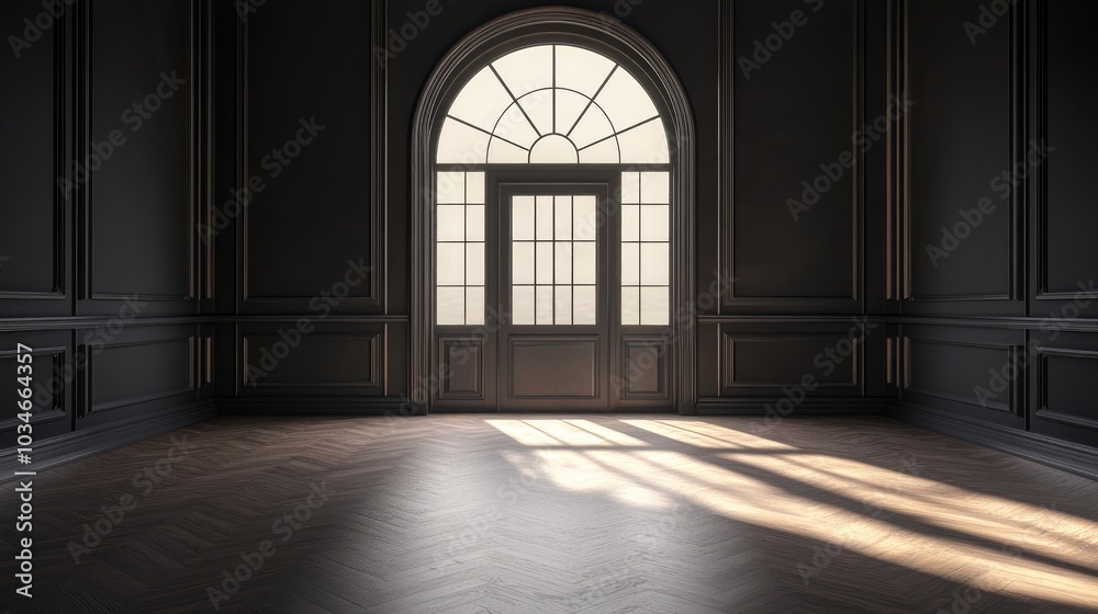 3D rendering of a dark studio interior showcasing hardwood flooring an empty hall featuring an arch door and a panoramic window