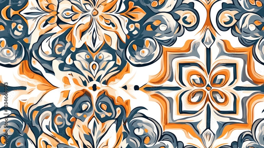 Background texture featuring a floral theme Abstract ethnic seamless pattern with tribal art and a vintage design in white orange and blue Background texture featuring a floral theme Abstract ethnic seamless pattern with tribal art and a vintage design in white orange and blue