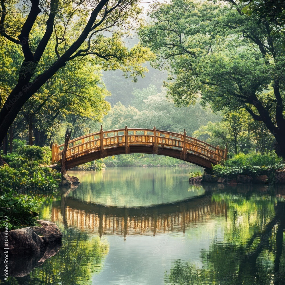 A serene wooden bridge over a calm river, surrounded by lush greenery and tranquil nature. A serene wooden bridge over a calm river, surrounded by lush greenery and tranquil nature.