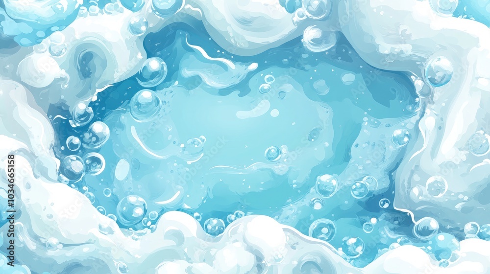 Foam bubble frame featuring cartoon soap bath shampoo and shower suds with a blue cloud pattern in a 2D water illustration Foam bubble frame featuring cartoon soap bath shampoo and shower suds with a blue cloud pattern in a 2D water illustration